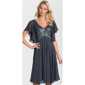 J Kara Cocktail Dress Womens 14 Gray Sequined Flutter Sleeve Chiffon